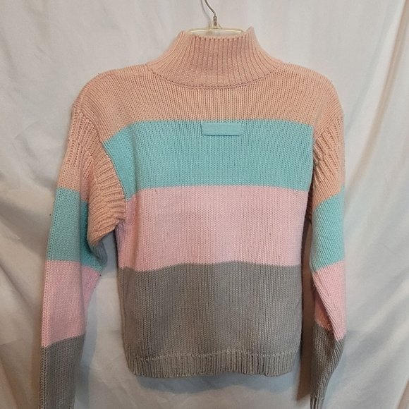 Vintage Pastel Stripe Sweater 80s Retro Shoulder Pads Size Small WORDS - Picture 8 of 8